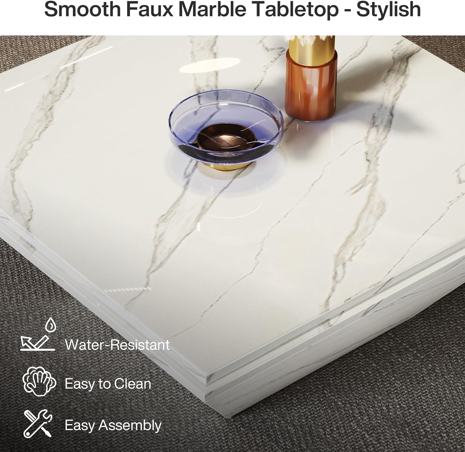 Modern Coffee Table, 35.43" Center Table with Faux Marble Top Tribesigns